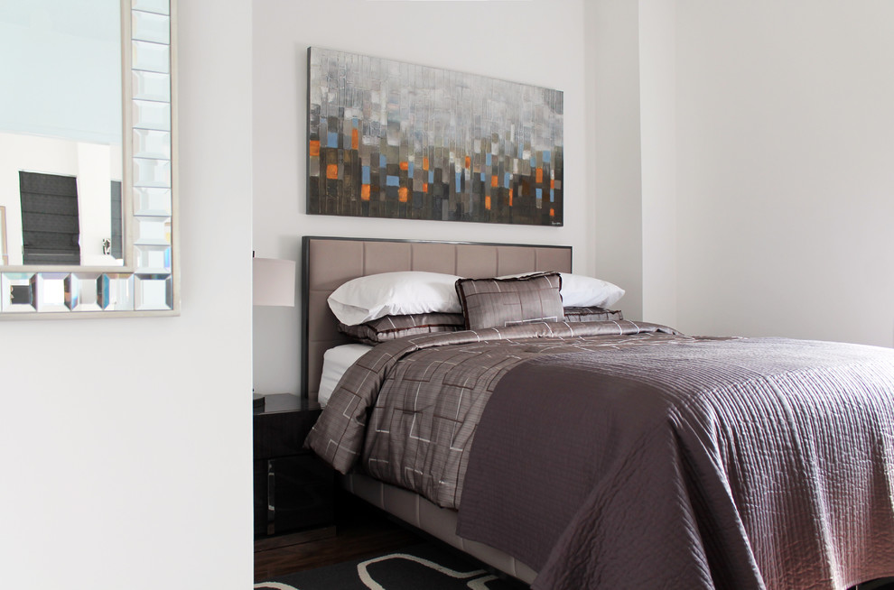 Foto de habitación de invitados contemporánea pequeña con paredes blancas y suelo de madera en tonos medios