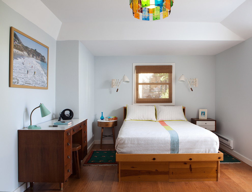 Idee per una camera degli ospiti minimalista di medie dimensioni con pareti blu, pavimento in legno massello medio, nessun camino e angolo studio
