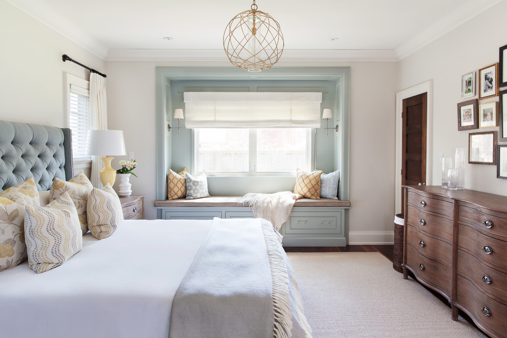 Inspiration for a classic grey and brown bedroom in Toronto with grey walls, dark hardwood flooring and brown floors.