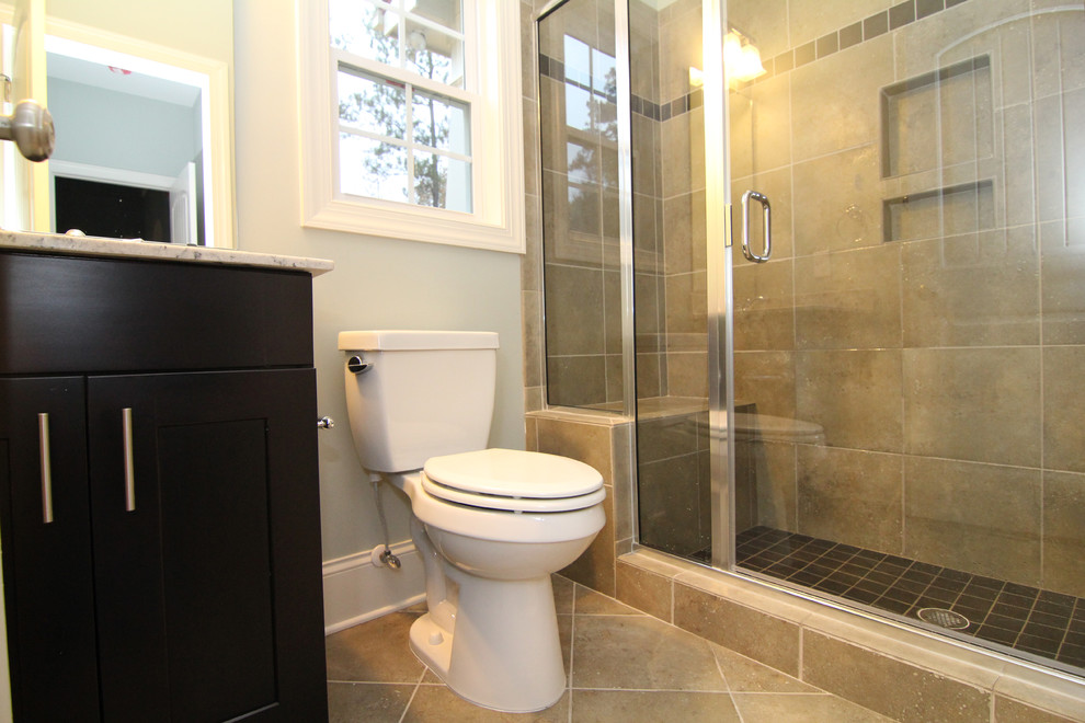 Large classic bathroom in Raleigh with grey walls and medium hardwood flooring.