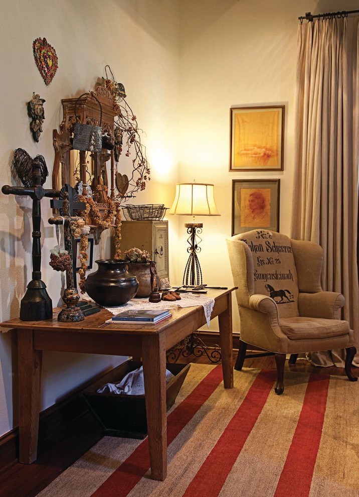 Inspiration for a shabby-chic style guest bedroom remodel in Dallas with white walls