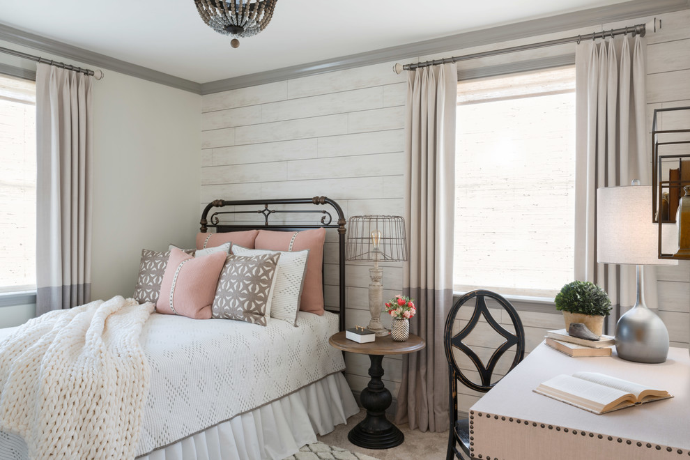 Example of a mid-sized farmhouse guest carpeted and gray floor bedroom design in Philadelphia with white walls