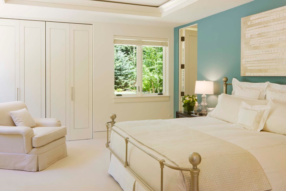 Example of a transitional guest bedroom design in Denver with blue walls