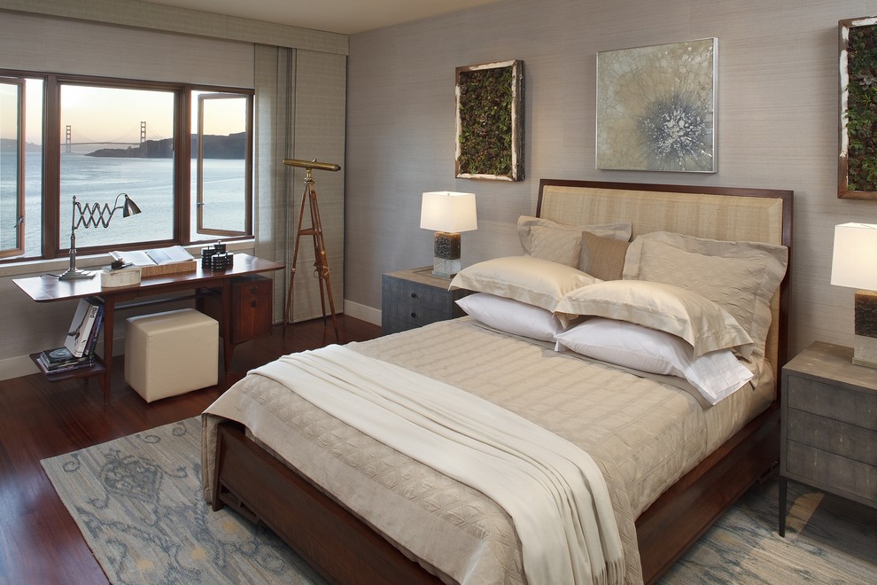 Свежая идея для дизайна: гостевая спальня (комната для гостей) в стиле модернизм с серыми стенами и темным паркетным полом - отличное фото интерьера