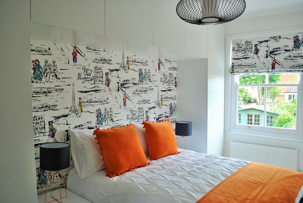 Inspiration för små moderna gästrum, med vita väggar