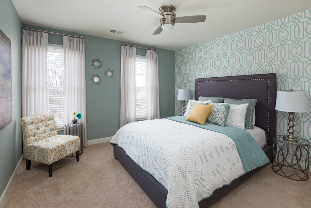 Medium sized classic guest bedroom in DC Metro with white walls, carpet, no fireplace, beige floors and feature lighting.