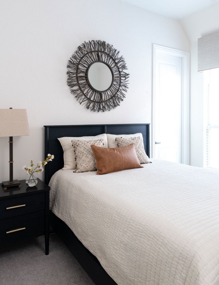Traditional guest bedroom in Dallas with white walls, carpet, no fireplace and grey floors.