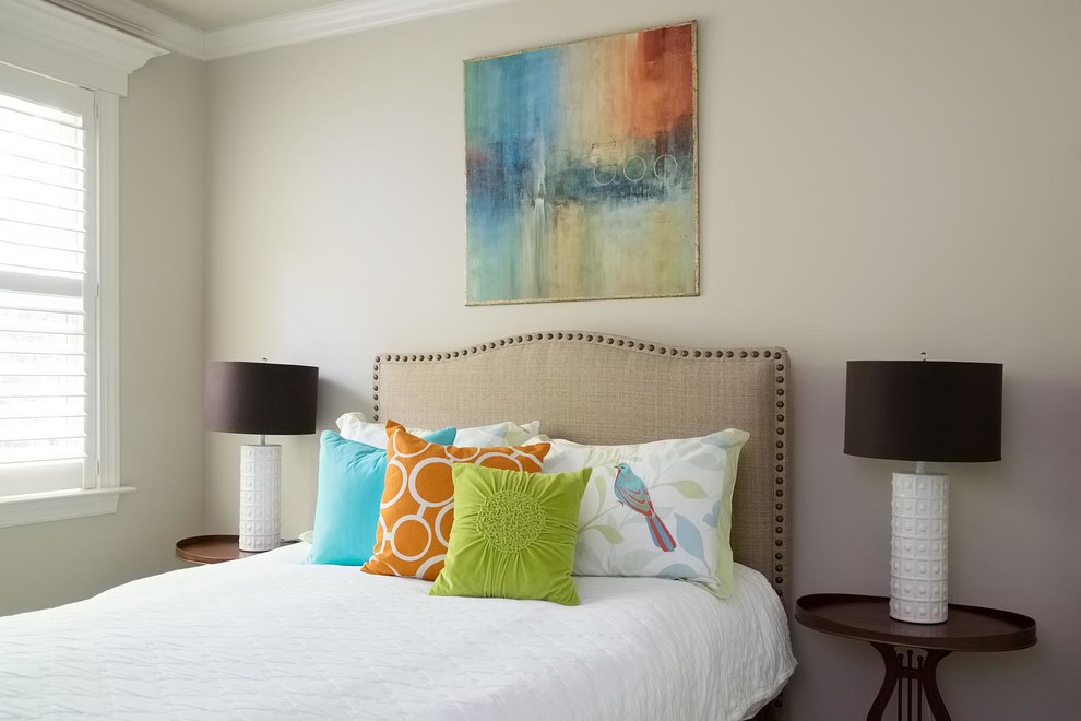 Inspiration for a transitional bedroom remodel in Dallas with beige walls