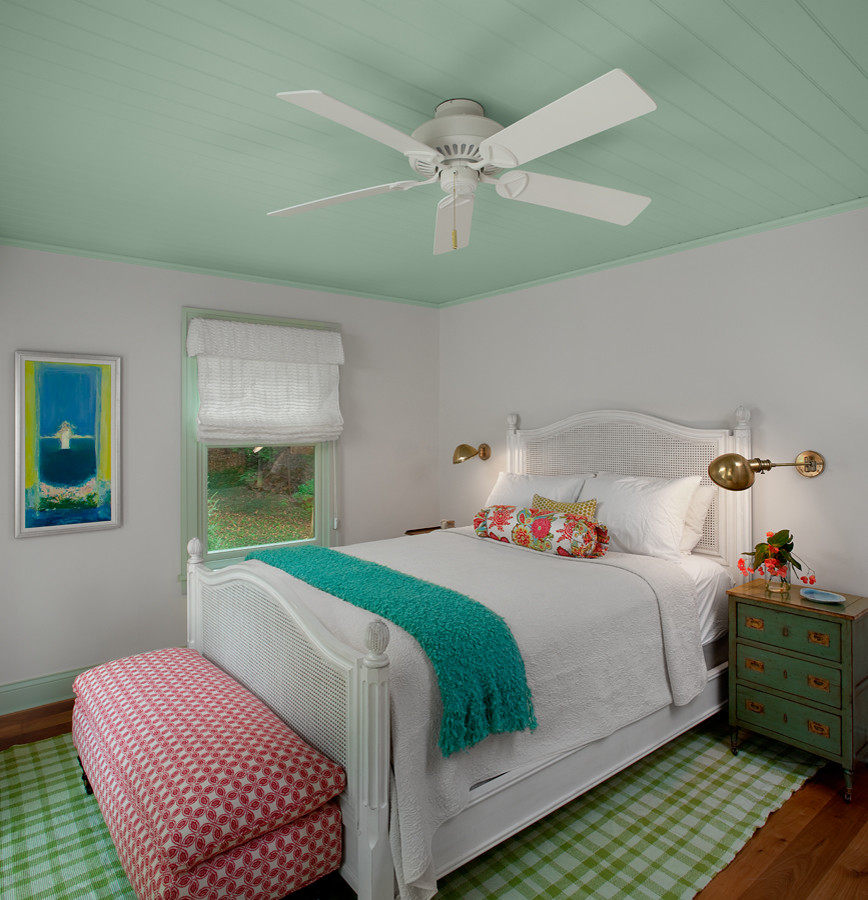 Maritimes Schlafzimmer mit weißer Wandfarbe und braunem Holzboden in Grand Rapids