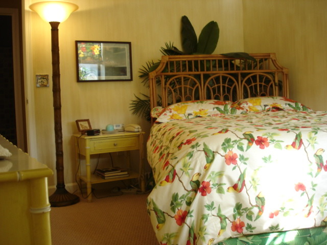 Foto de habitación de invitados tropical de tamaño medio sin chimenea con paredes verdes y moqueta