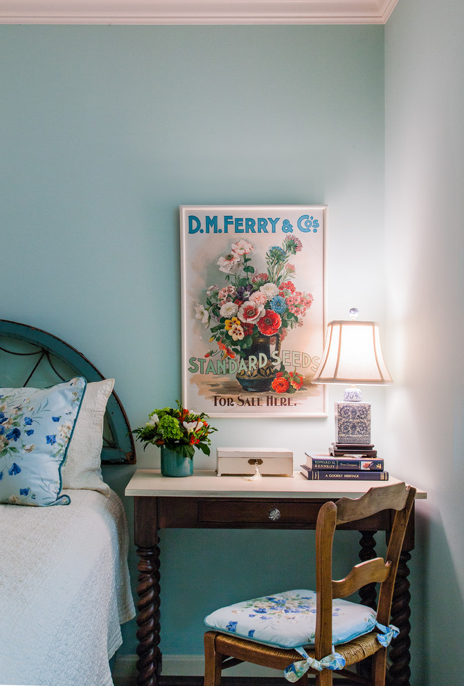 Bedroom - small traditional guest carpeted bedroom idea in DC Metro with blue walls