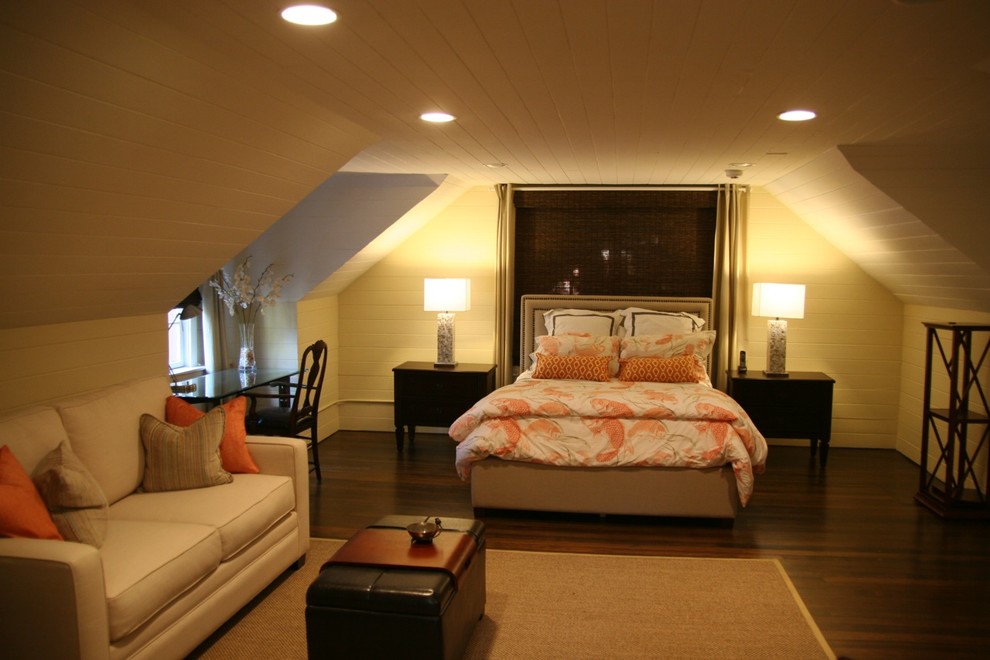 Large classic guest bedroom in Los Angeles with white walls, dark hardwood flooring and no fireplace.