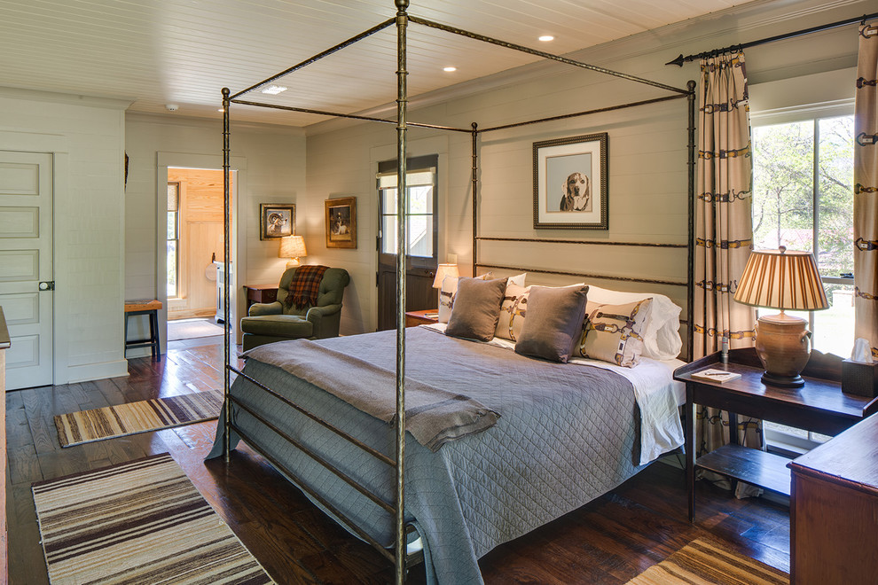 Bedroom - large country master dark wood floor and brown floor bedroom idea in Nashville with beige walls and no fireplace
