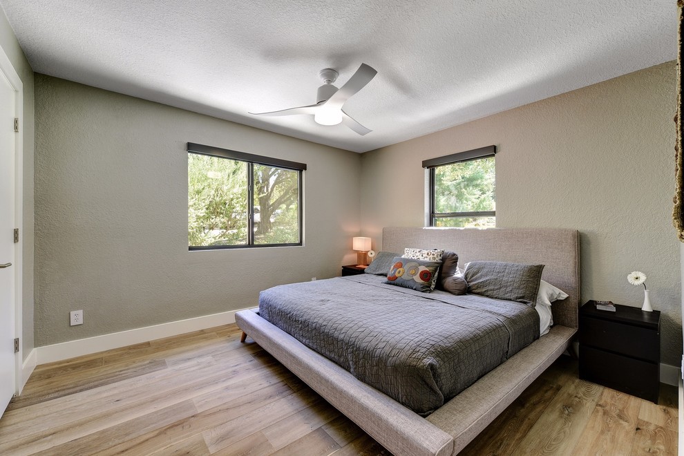 Großes Modernes Hauptschlafzimmer mit grauer Wandfarbe, hellem Holzboden und beigem Boden in Austin