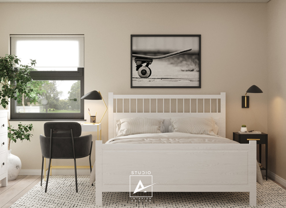 Idee per una camera degli ospiti design di medie dimensioni con pareti beige