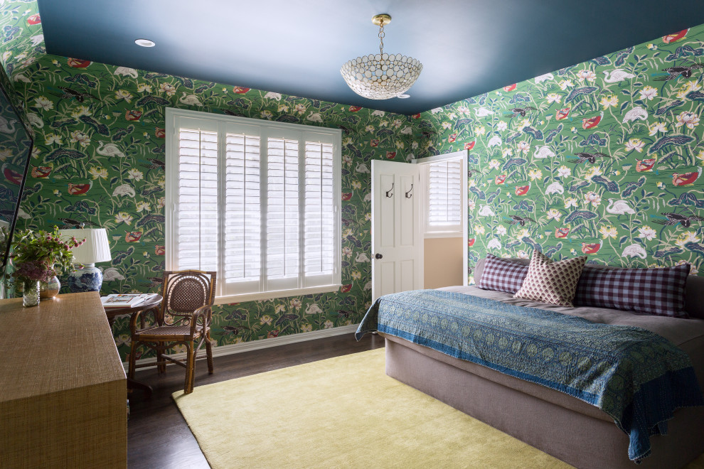 Guest Room with Colorful Wallpaper and Textiles - Traditional - Bedroom