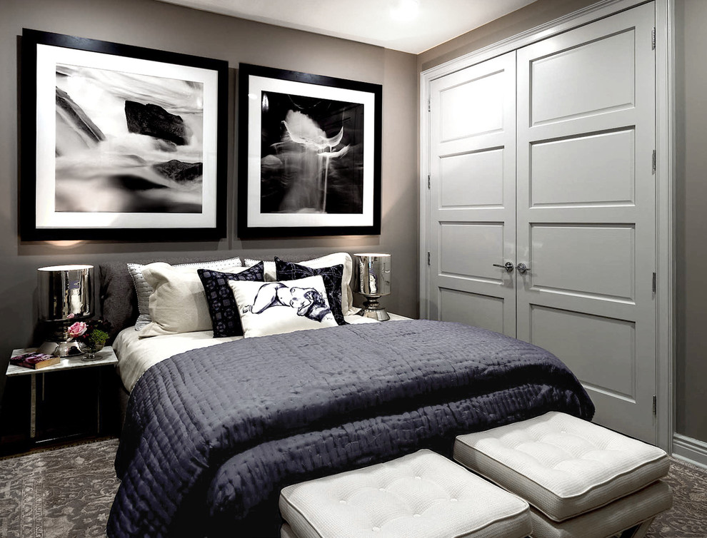 Bedroom - mid-sized contemporary guest carpeted bedroom idea in New York with gray walls