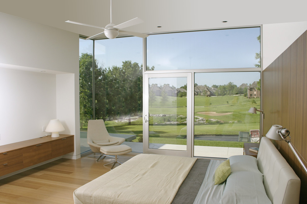 Идея дизайна: спальня среднего размера в стиле модернизм с белыми стенами, светлым паркетным полом и акцентной стеной