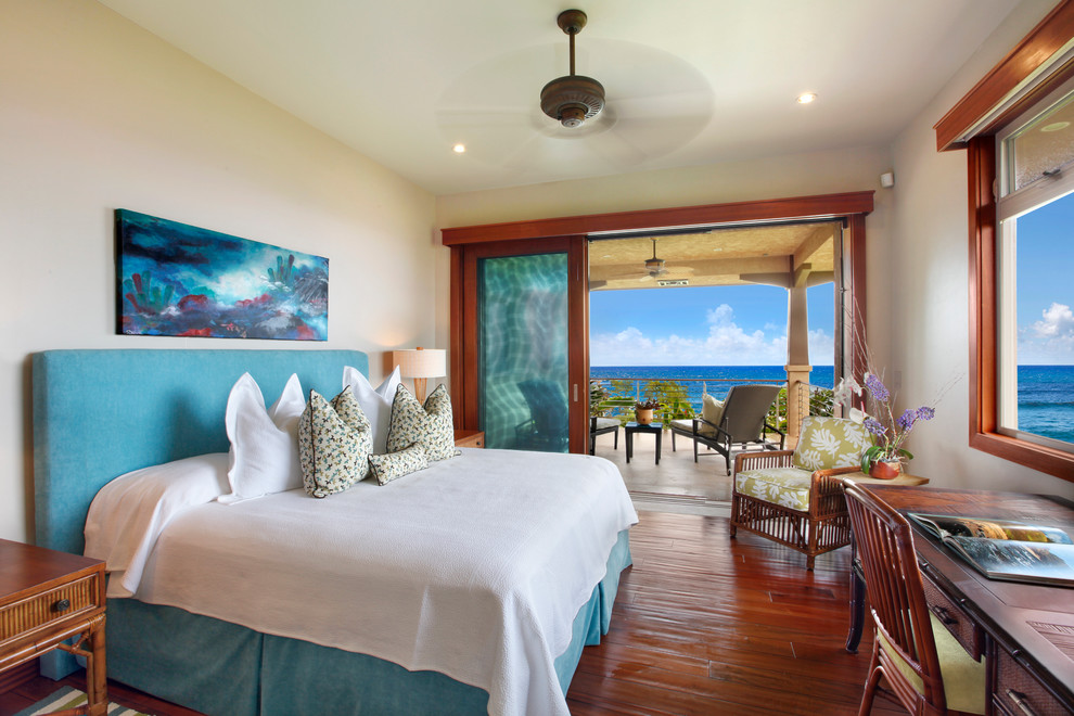 Design ideas for a world-inspired guest bedroom in Hawaii with medium hardwood flooring.