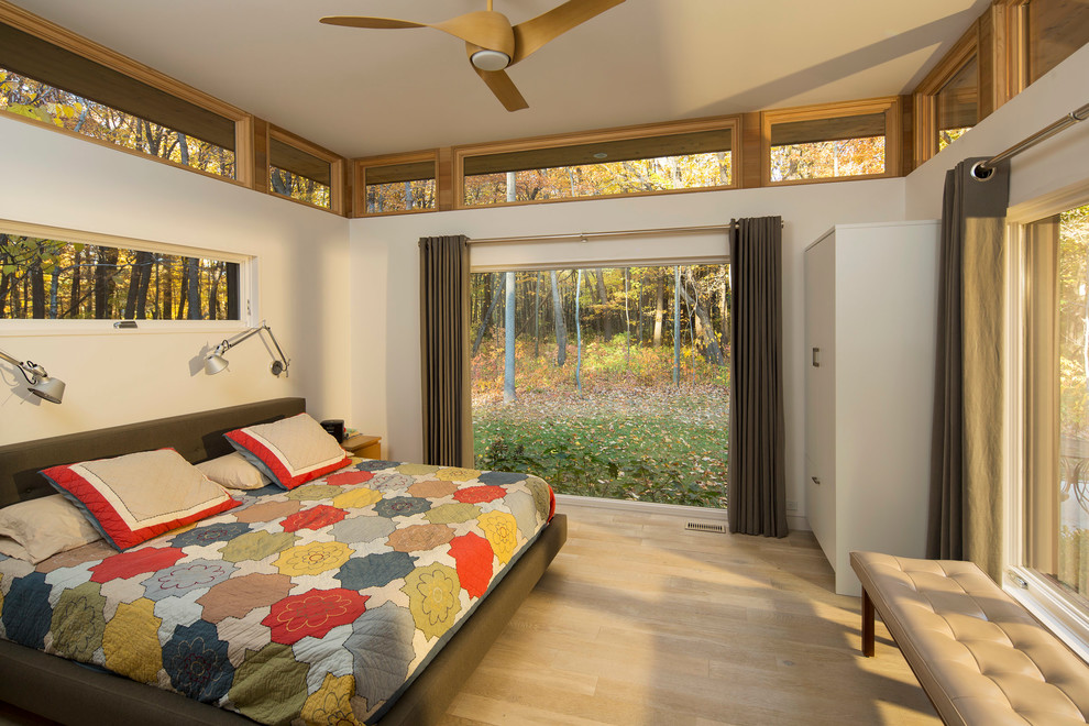 Modernes Schlafzimmer mit weißer Wandfarbe und hellem Holzboden in Minneapolis