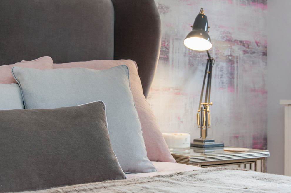 Classic grey and pink bedroom in London.