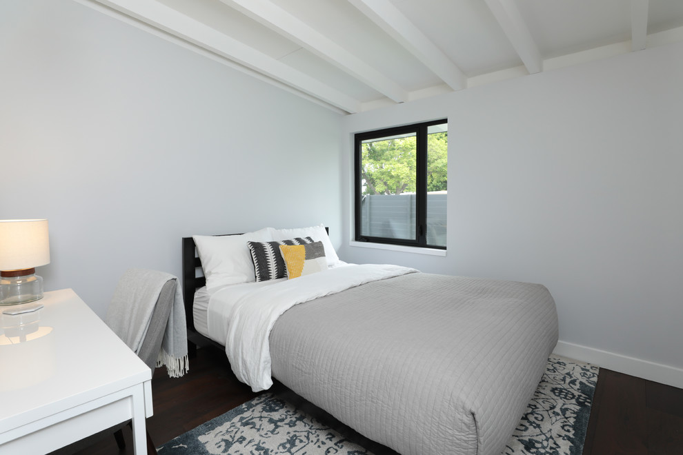 Свежая идея для дизайна: гостевая спальня среднего размера, (комната для гостей) в стиле модернизм с серыми стенами, темным паркетным полом и коричневым полом без камина - отличное фото интерьера