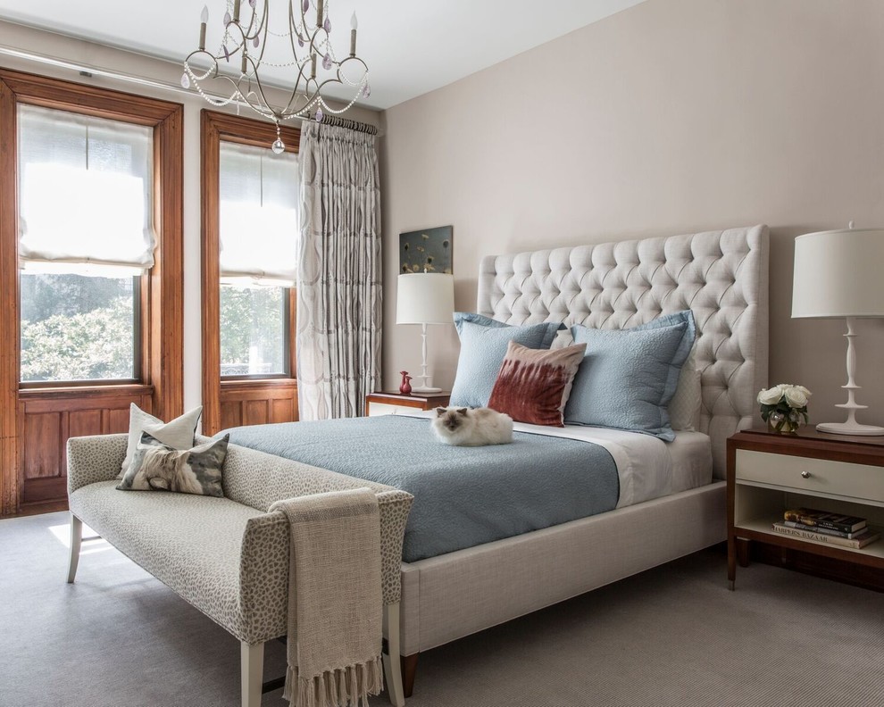 Inspiration for a large transitional master carpeted and gray floor bedroom remodel in New York with beige walls and no fireplace