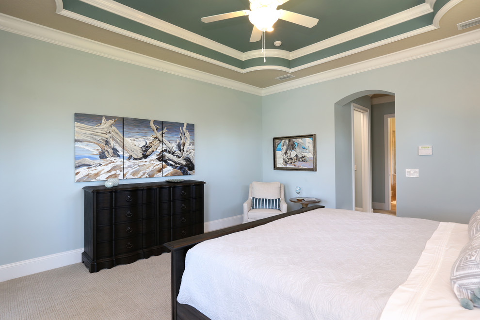 Diseño de dormitorio principal costero grande sin chimenea con paredes azules, moqueta y suelo beige
