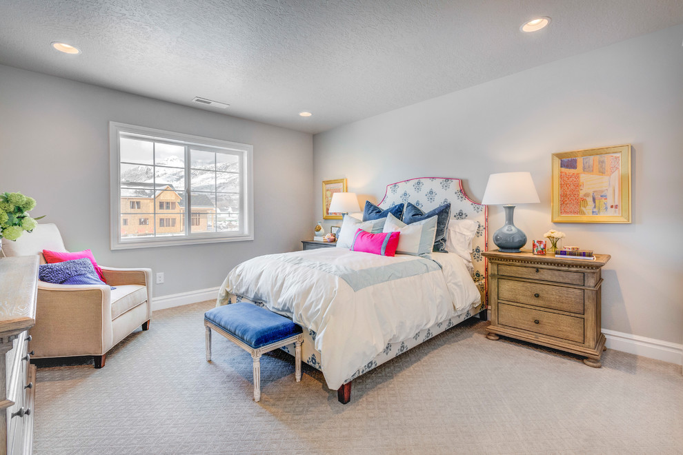 Example of a mid-sized classic guest carpeted and white floor bedroom design in Salt Lake City with white walls and no fireplace