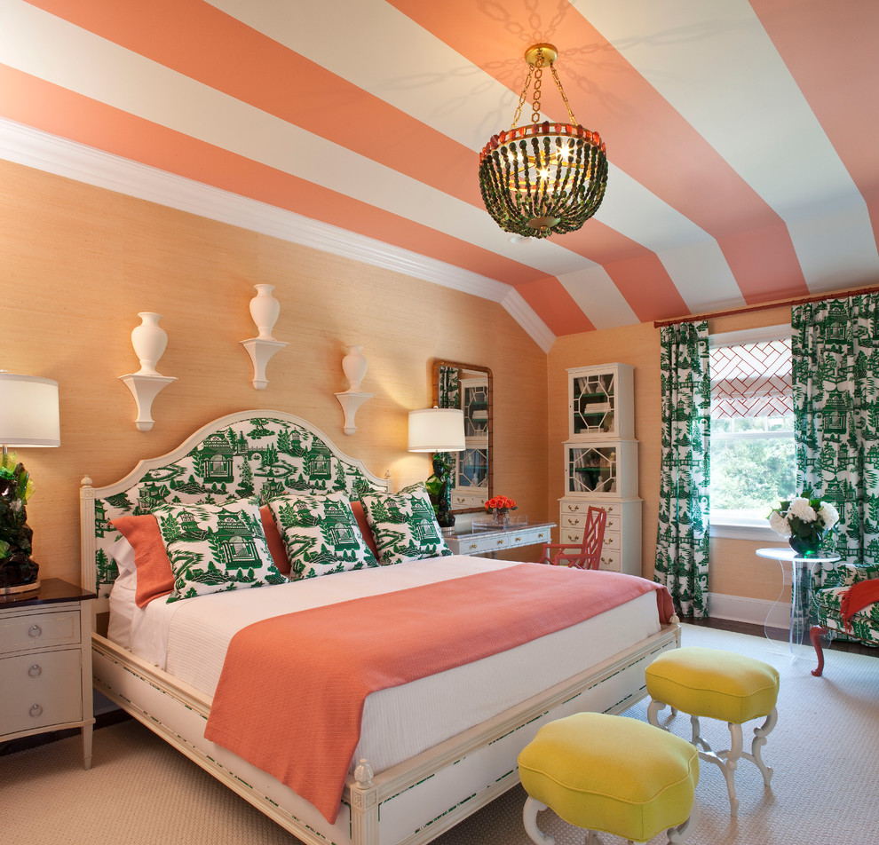 Bohemian bedroom in Little Rock with beige walls.