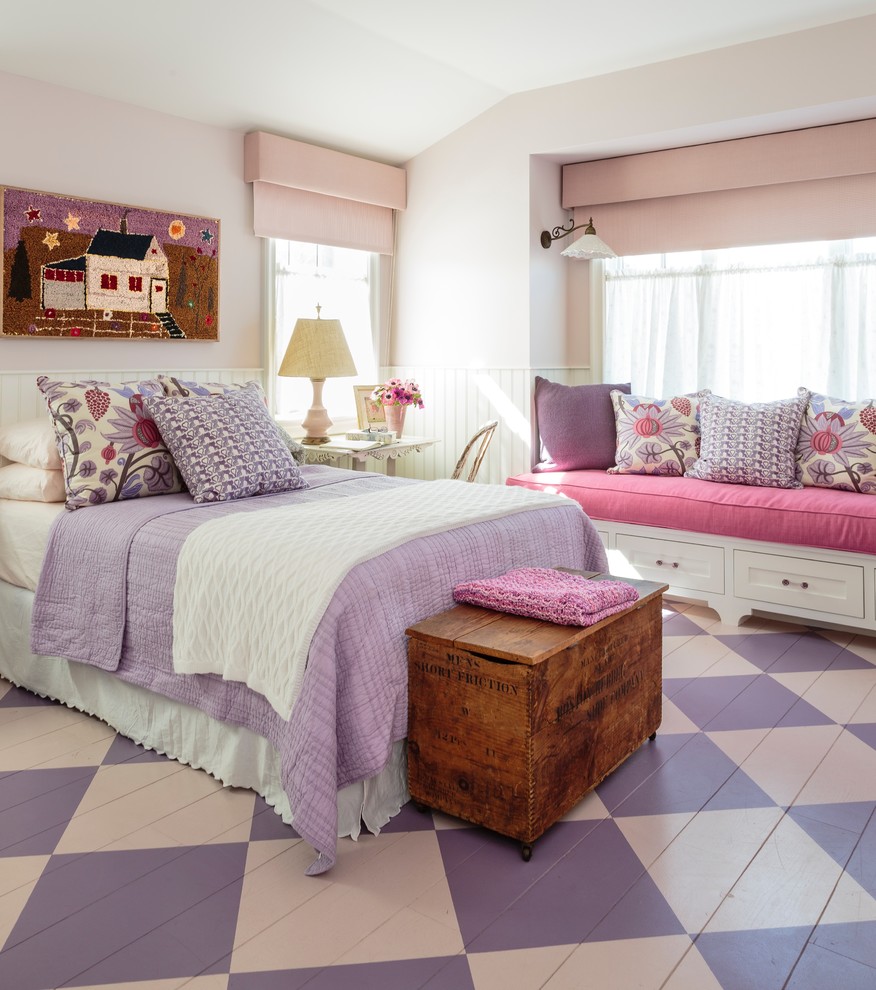 Mid-sized cottage chic painted wood floor and multicolored floor bedroom photo in Los Angeles with pink walls