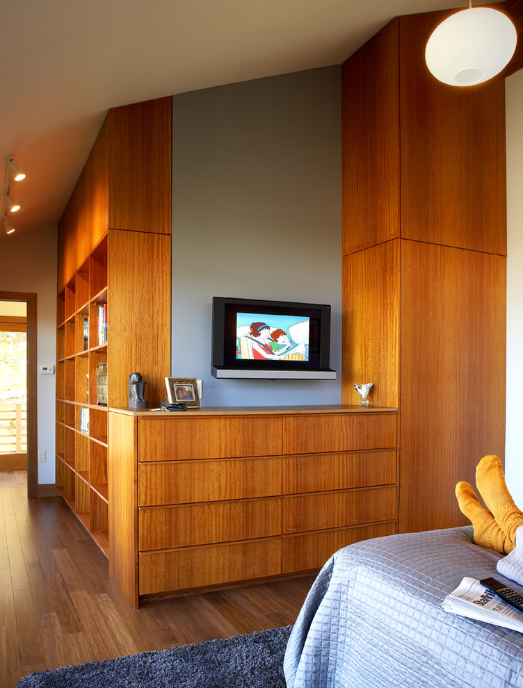 Diseño de dormitorio minimalista grande con paredes azules y suelo de madera en tonos medios