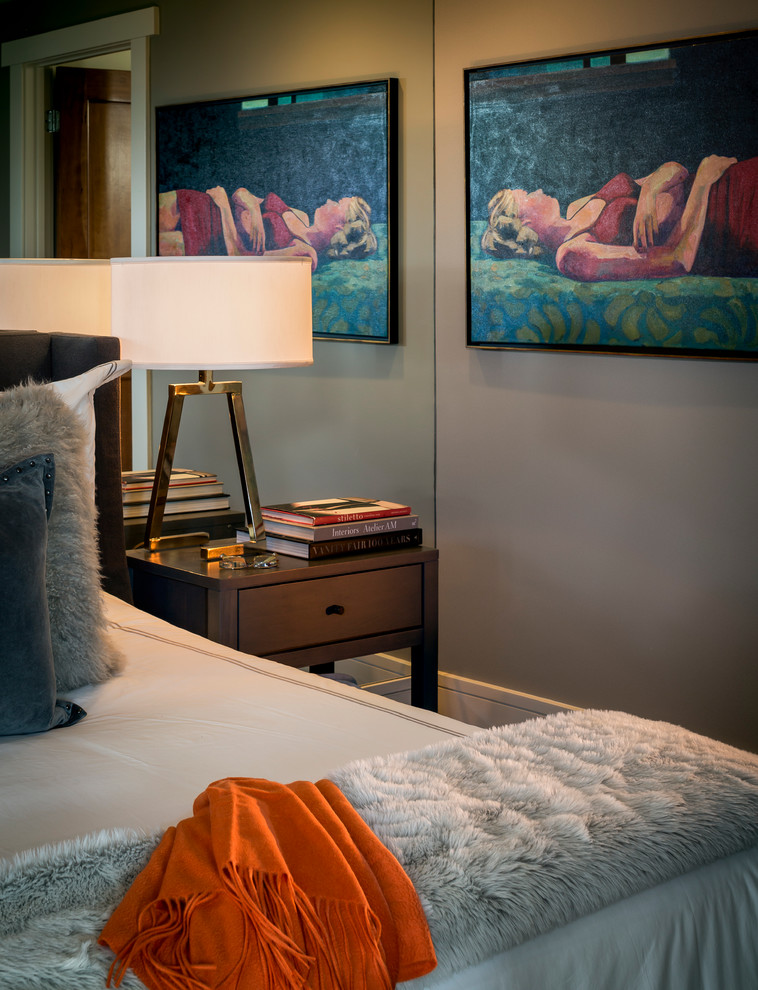 This is an example of a contemporary master bedroom in San Francisco with grey walls, carpet and no fireplace.
