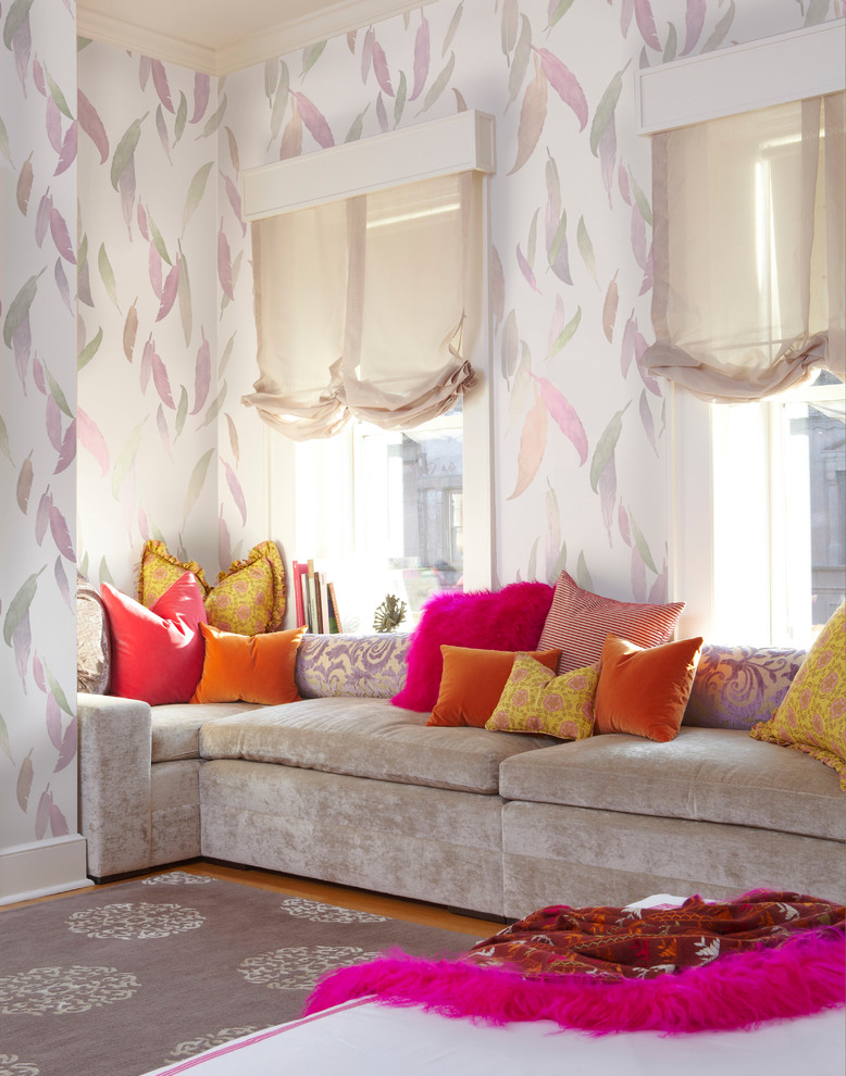 Example of a trendy master carpeted bedroom design in New York with multicolored walls
