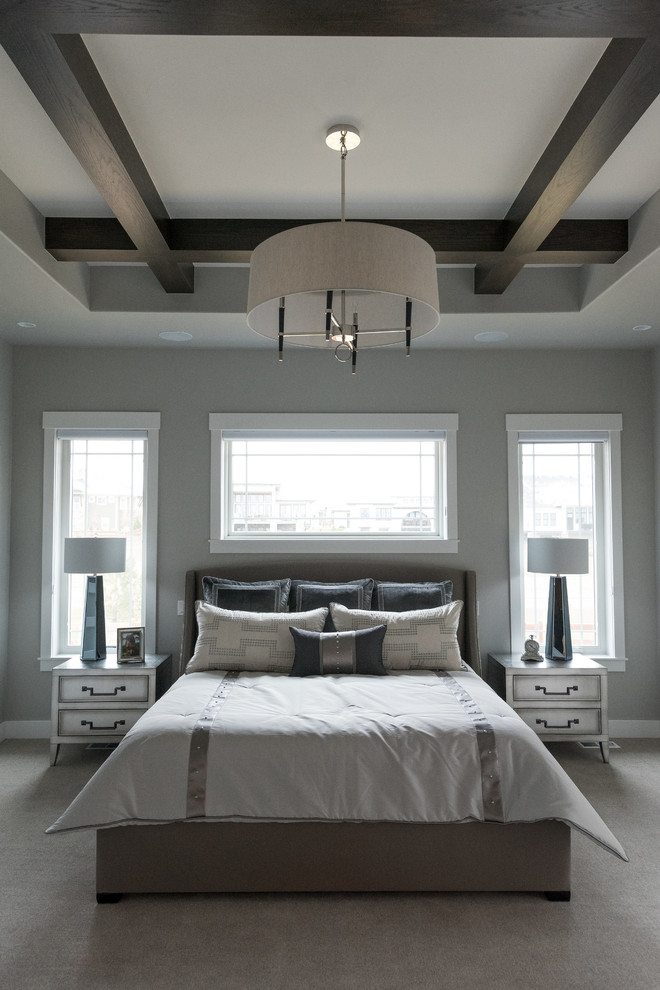 デンバーにある広いトランジショナルスタイルのおしゃれな主寝室 (グレーの壁、カーペット敷き、暖炉なし、グレーの床)