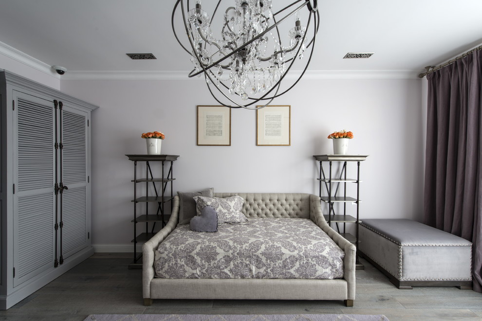 Inspiration for a traditional bedroom in London with grey walls, no fireplace and light hardwood flooring.