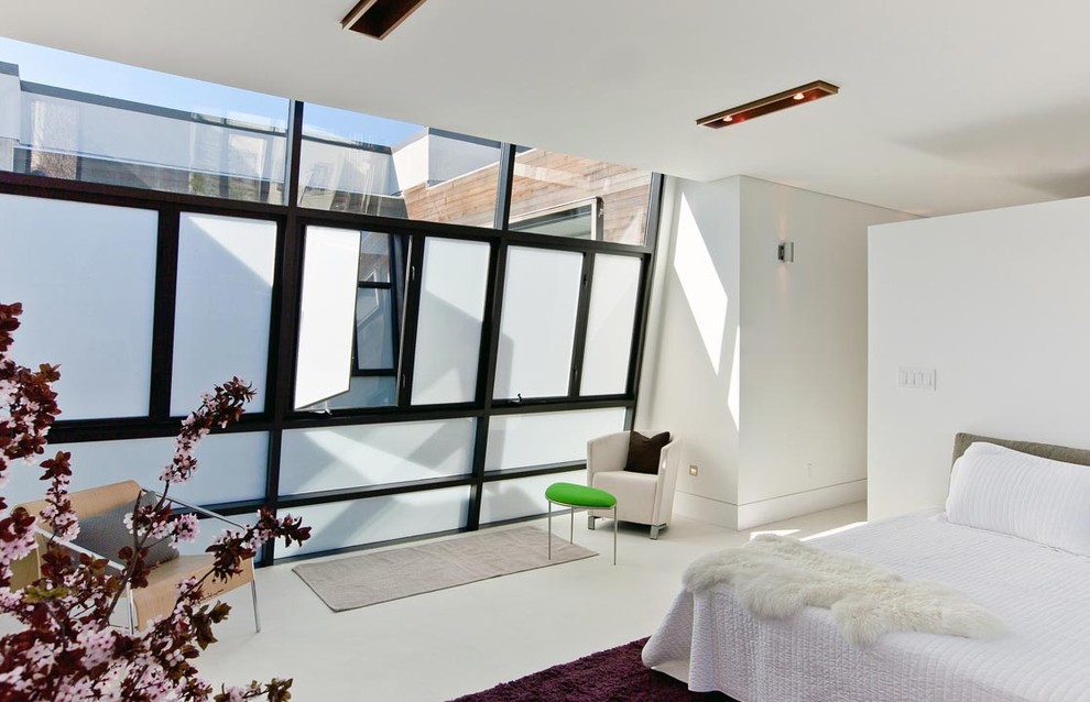 サンフランシスコにある広いコンテンポラリースタイルのおしゃれな主寝室 (白い壁、スレートの床)