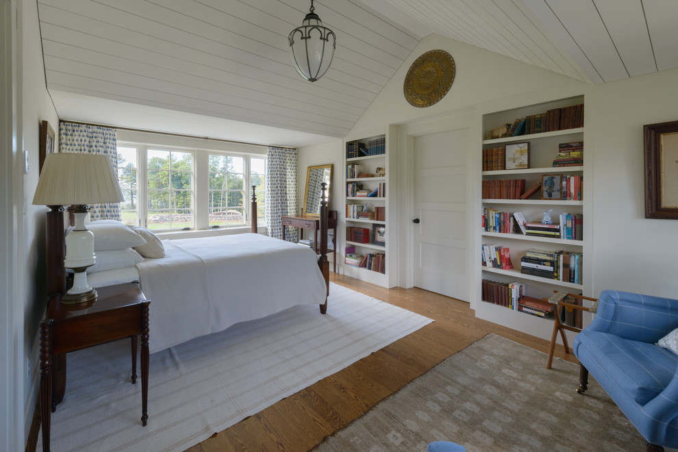 Aménagement d'une chambre classique avec un mur blanc et un sol en bois brun.