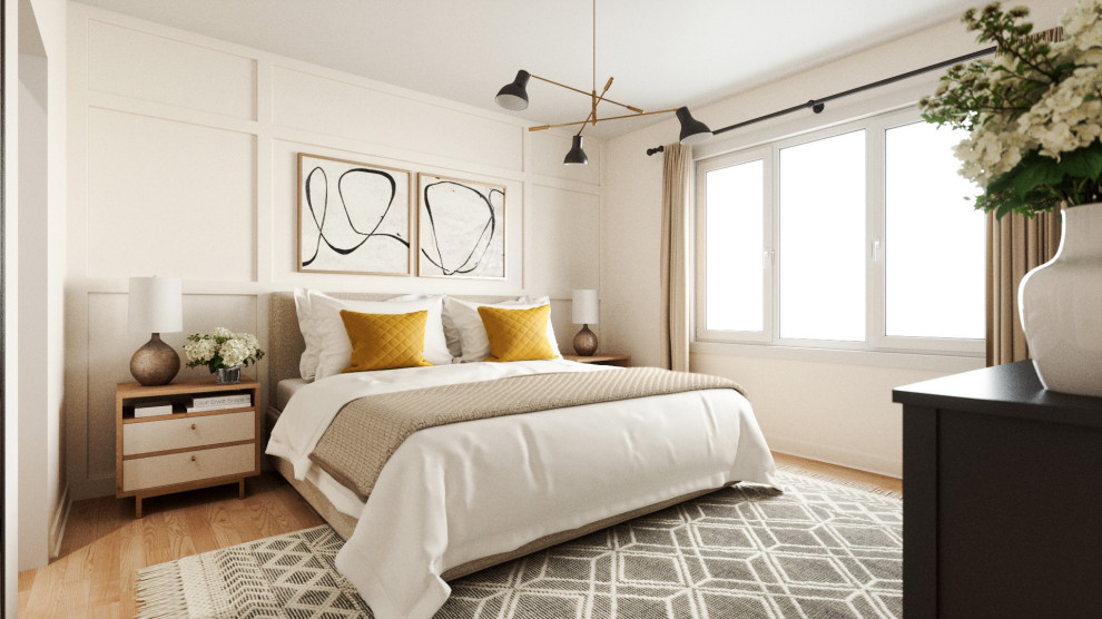 モントリオールにあるトランジショナルスタイルのおしゃれな寝室 (白い壁、淡色無垢フローリング、ベージュの床、パネル壁) のインテリア