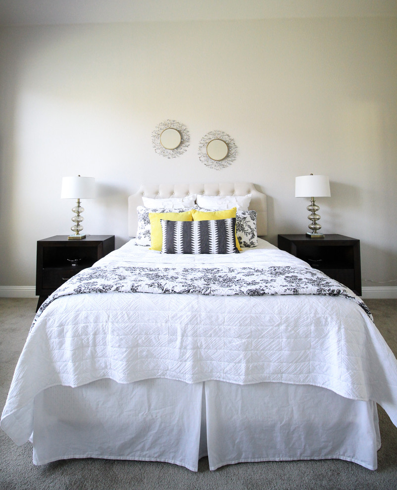 Inspiration for a medium sized country master bedroom in Dallas with white walls, carpet and beige floors.