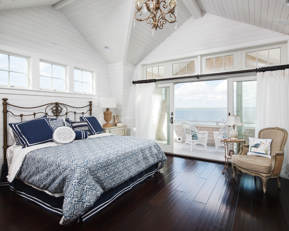 Bedroom - mid-sized coastal master dark wood floor and brown floor bedroom idea in New York with white walls and no fireplace