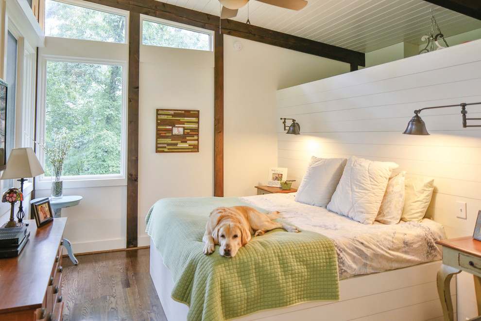 Design ideas for a contemporary bedroom in Charlotte with white walls and dark hardwood flooring.