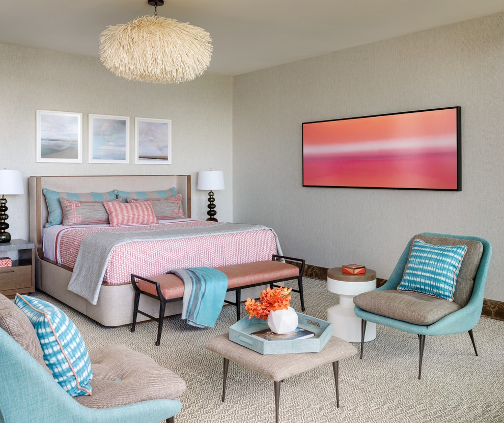 Photo of a nautical master and grey and pink bedroom in Hawaii with grey walls, carpet and grey floors.