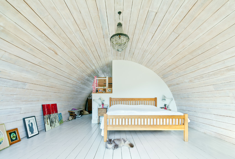 Пример оригинального дизайна: спальня на мансарде в стиле фьюжн с бежевыми стенами и деревянным полом
