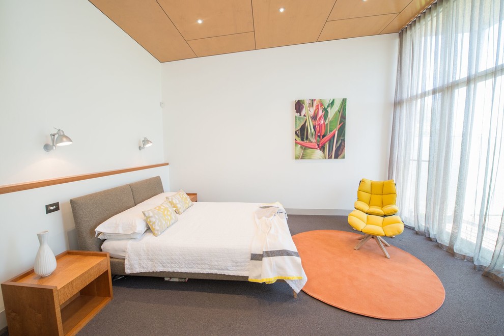 Ejemplo de dormitorio principal moderno de tamaño medio sin chimenea con paredes blancas, moqueta y suelo gris