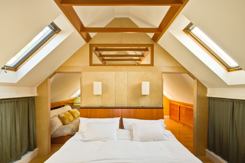 Inspiration for a small contemporary mezzanine bedroom in Portland with white walls and light hardwood flooring.