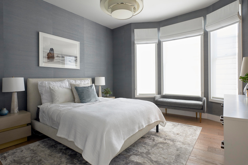 Inspiration for a contemporary master wallpaper bedroom remodel in San Francisco with gray walls