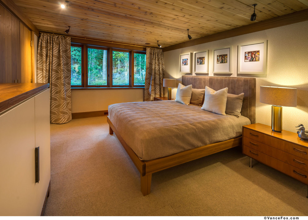 Mittelgroßes Uriges Hauptschlafzimmer ohne Kamin mit weißer Wandfarbe und Teppichboden in Sacramento