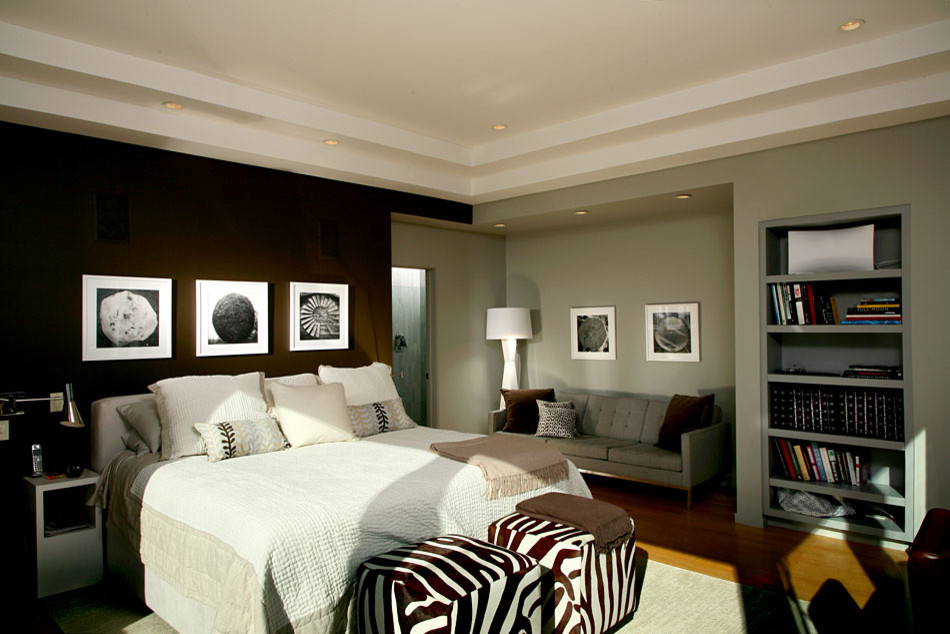 Inspiration for a medium sized contemporary master bedroom in San Francisco with grey walls, dark hardwood flooring, no fireplace and brown floors.