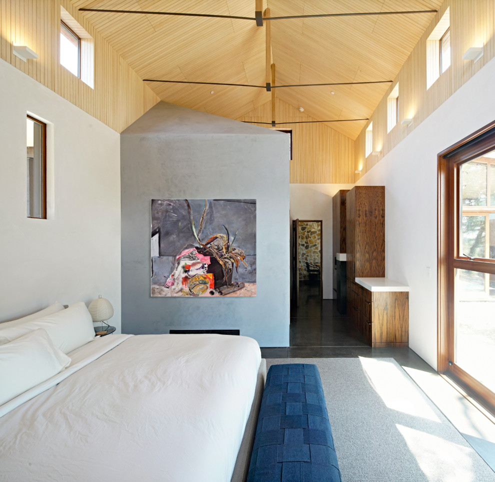 Свежая идея для дизайна: большая хозяйская спальня в стиле рустика с белыми стенами, бетонным полом и серым полом - отличное фото интерьера
